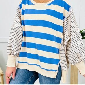 BiBi Cream and Blue Striped lightweight French terry pullover NWT